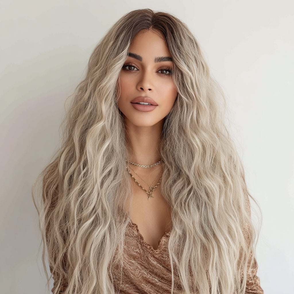 NovaSkin™ Ombre Gray Lace Front Wig – Fashion Wavy/Curly Style, SM9017