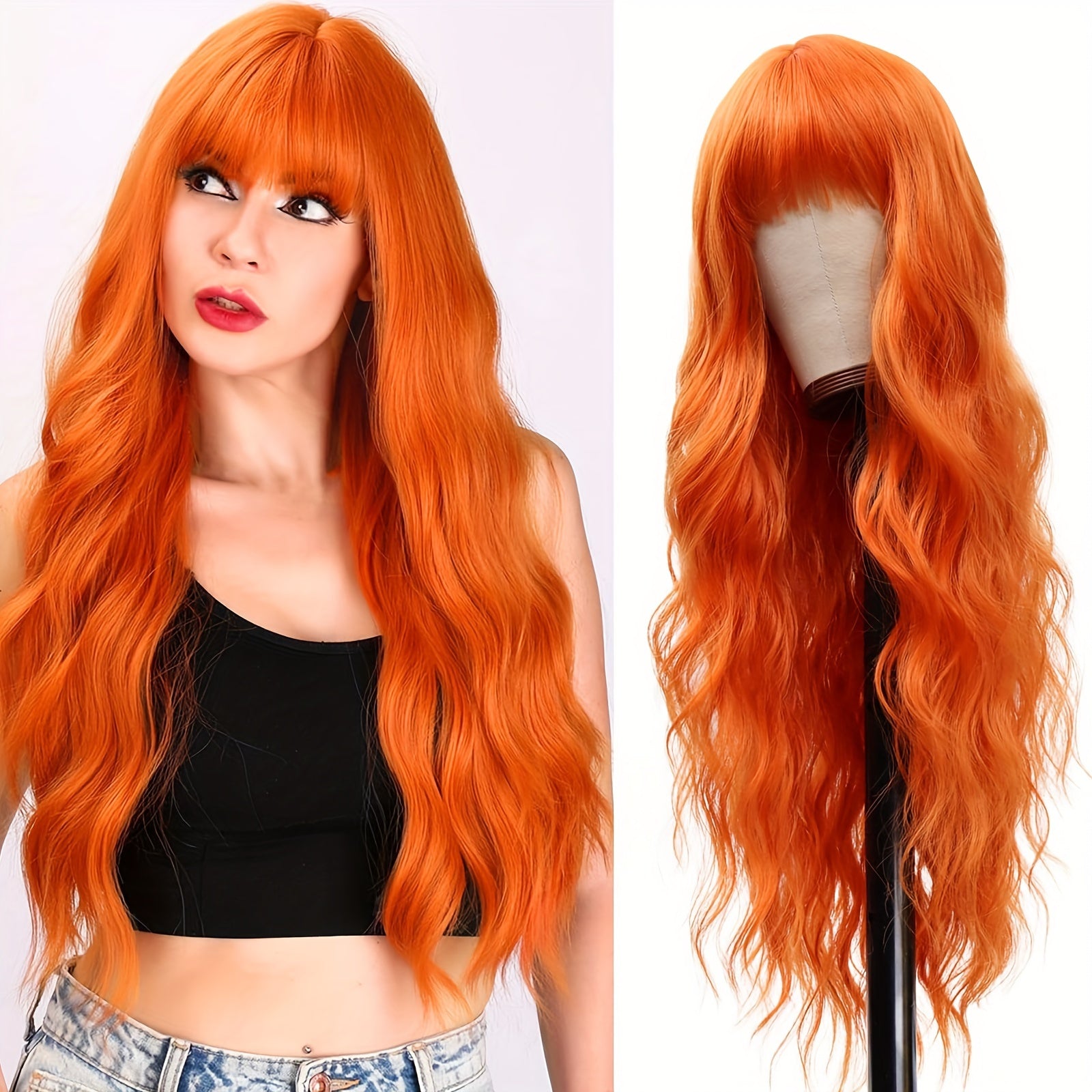 NovaSkin™ Long Orange Wavy Synthetic Wig – Elegant, Safe & Realistic